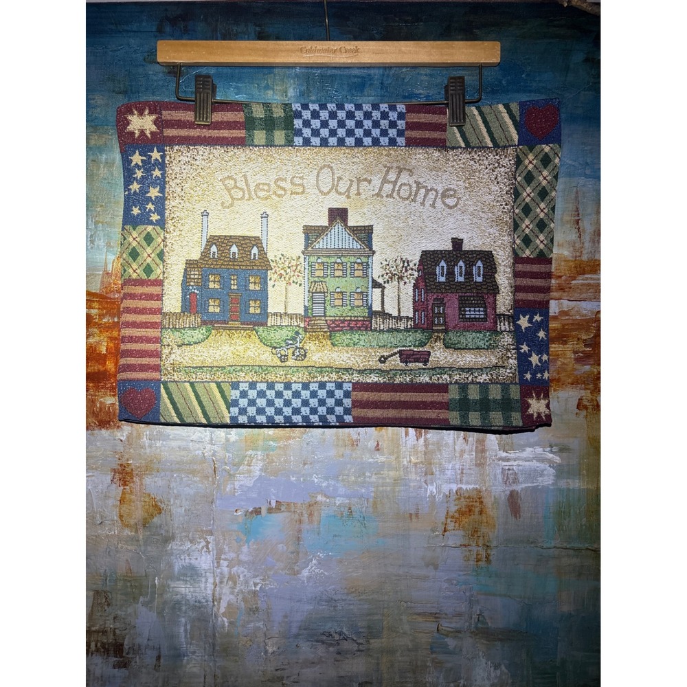 Bless Our Home Woven Tapestry Placemat Americana Patchwork Colonial Village